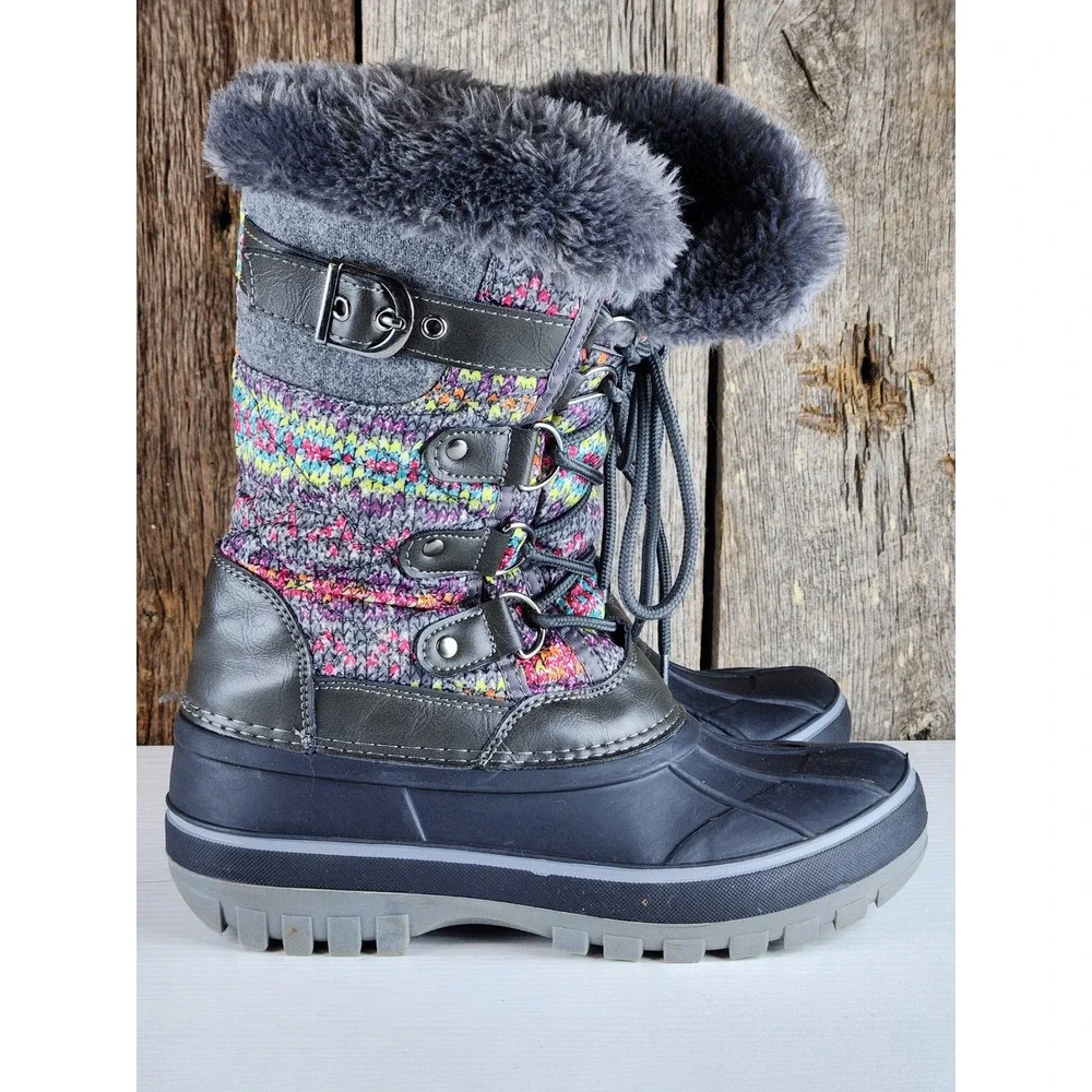 Kids Winter Snow Boots Dream Pairs Grey Multi Faux Fur Size 4